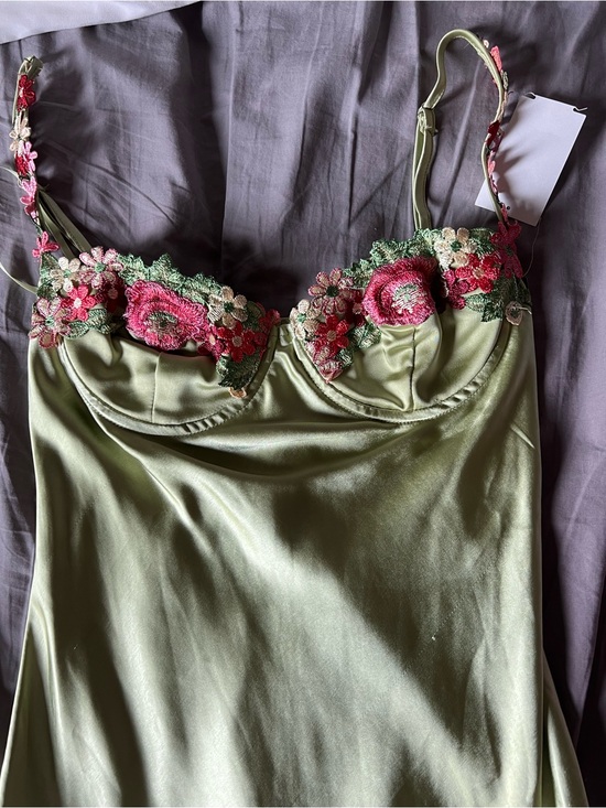 Princess Polly Dresses & Skirts - Princess Polly Olive Green Satin Slip with Pink Floral Embroidery